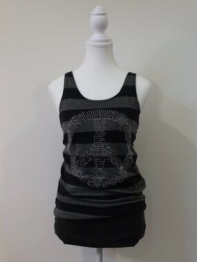 H&M Y2K Peace Sign Rhinestone Striped Tank Top Grey Black Grunge Indie Sleaze SM